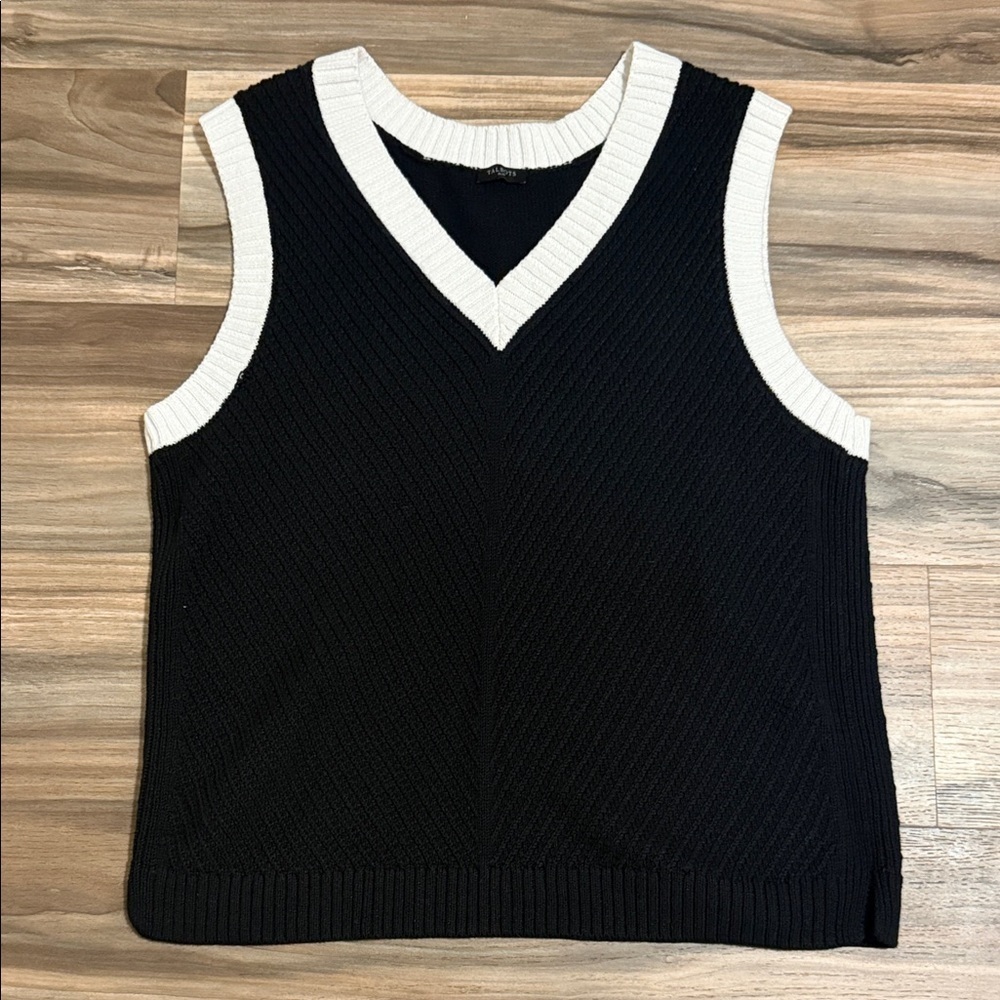 Talbots Plus Womens 2X Black White Detail Knit V-Neck Sweater Vest Preppy Casual